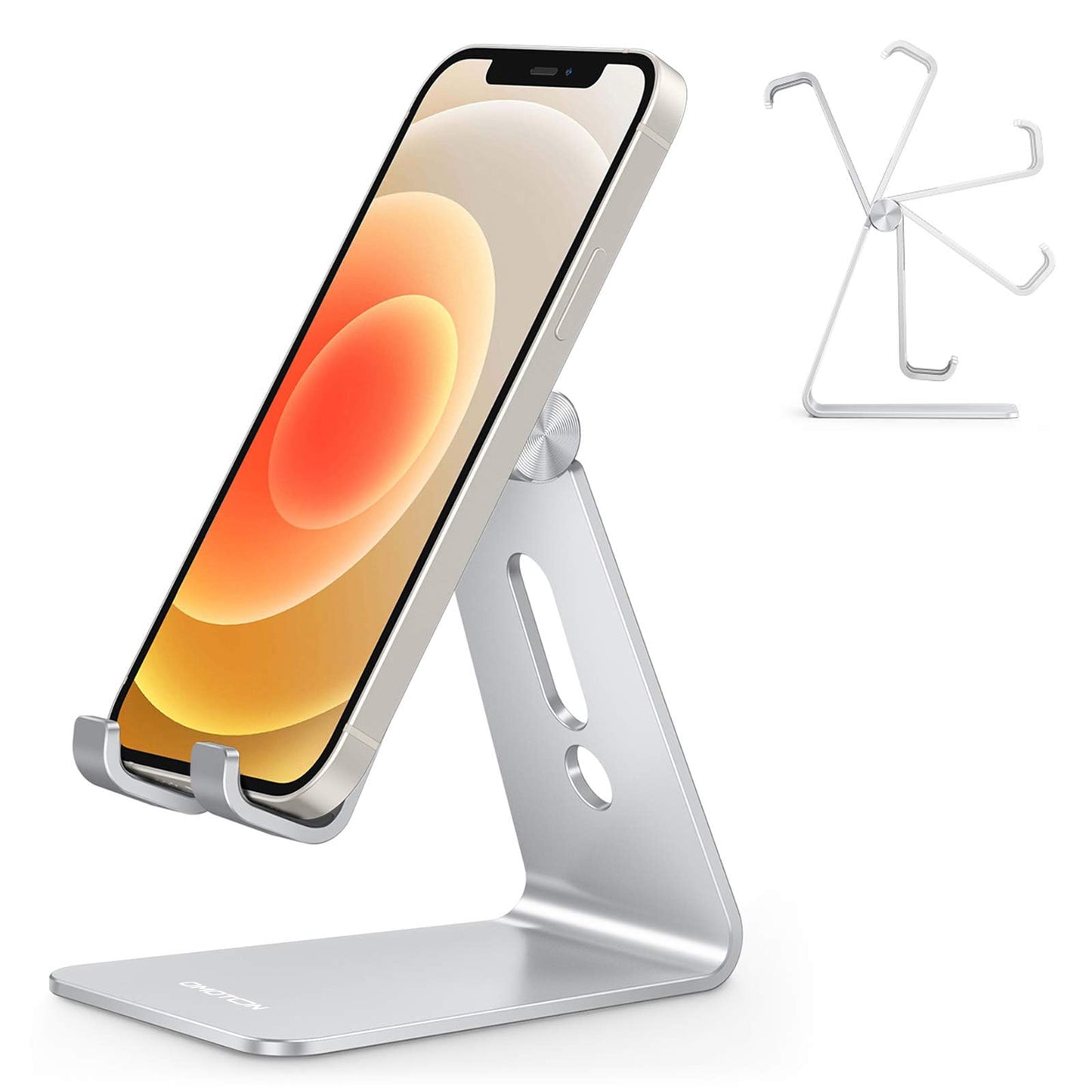 OMOTON C2 Adjustable Aluminum Cell Phone Stand with Charging Cutout, Silver | Sturdy 3mm Base with Non-Slip Silicone Pads, Multi-Angle, Works with 19mm Thick Cases Smartphones, Desktop Recording Facetime