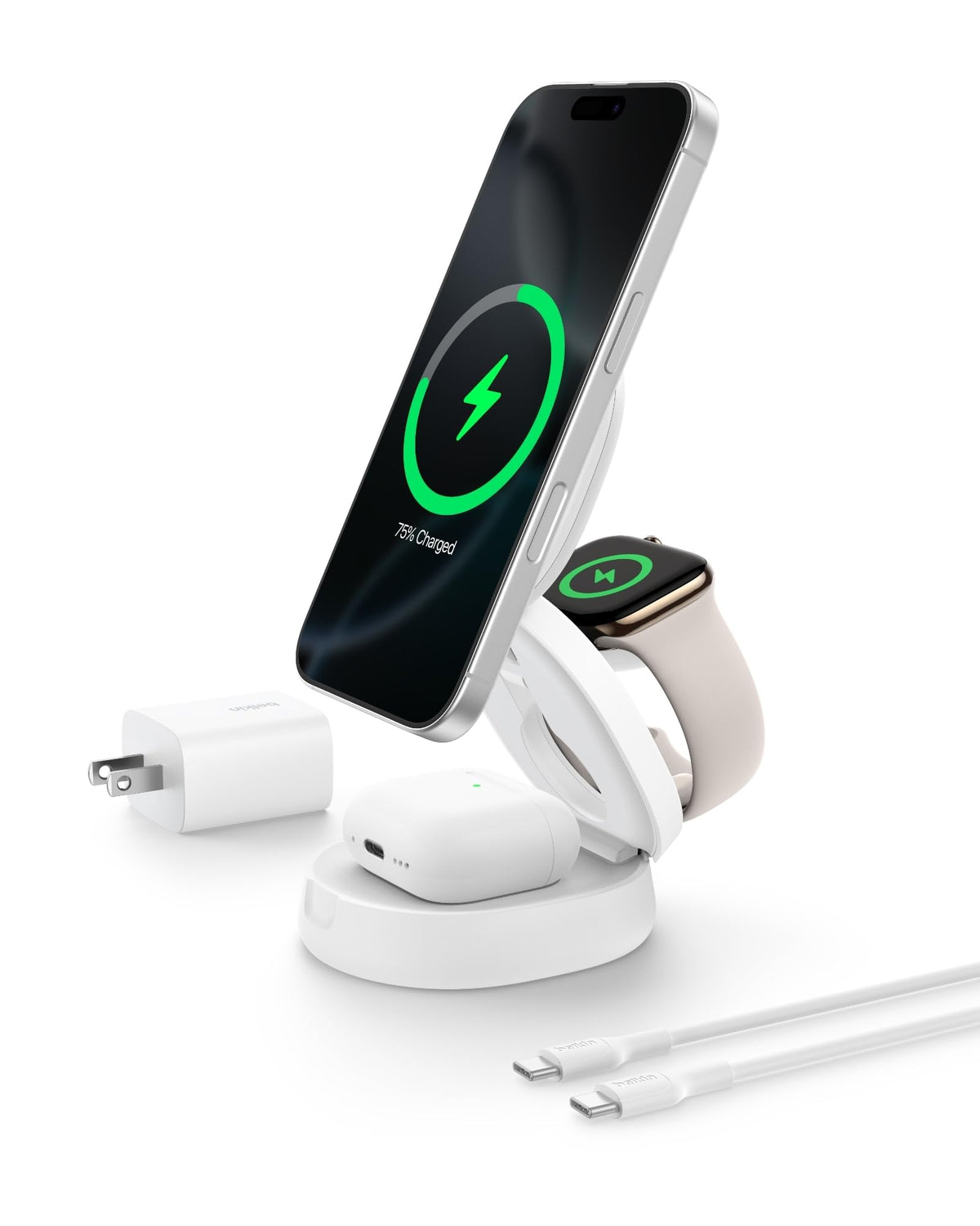 Belkin Qi2 15W Wireless Fast Charging Station, 3 in 1 iPhone Charger | Fast Charging, MagSafe Compatible, iPhone 17/16/15, Apple Watch, AirPods, Travel Charger, Magnetic