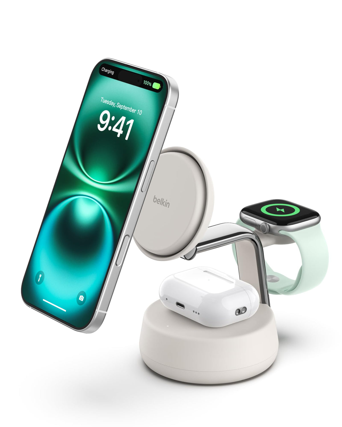 Belkin Qi2.2 25W Wireless Fast Charging Station, 3 in 1 iPhone Charger | Fast Charging, MagSafe Compatible, iPhone 17/16/15, Apple Watch, AirPods, Travel Charger, Magnetic