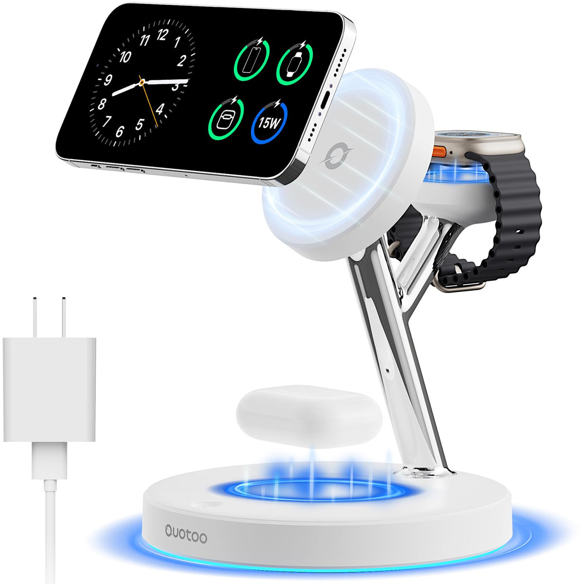 3 in 1 MagSafe Wireless Charger Stand for iPhone Apple Watch AirPods | Adjustable Blue Ambient Light,15W Magnetic Charging Station for iPhone 17 16 15 14 13 12 Series wireless charging station