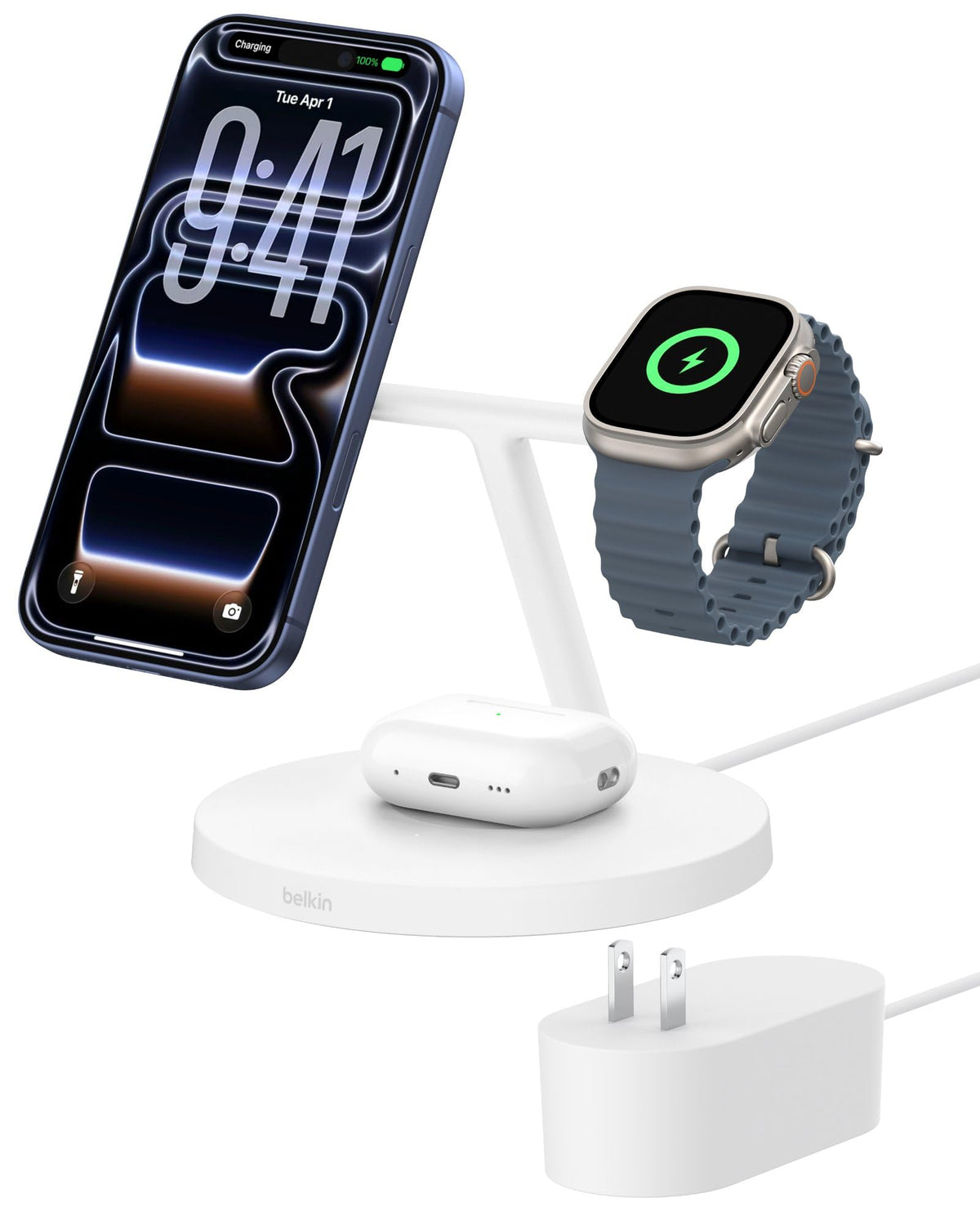 Belkin Qi2 15W Wireless Charging Station, 3 in 1 iPhone Charger | Fast Charging, MagSafe Compatible, iPhone 17/16/15, Apple Watch, AirPods, Travel Charger, Magnetic
