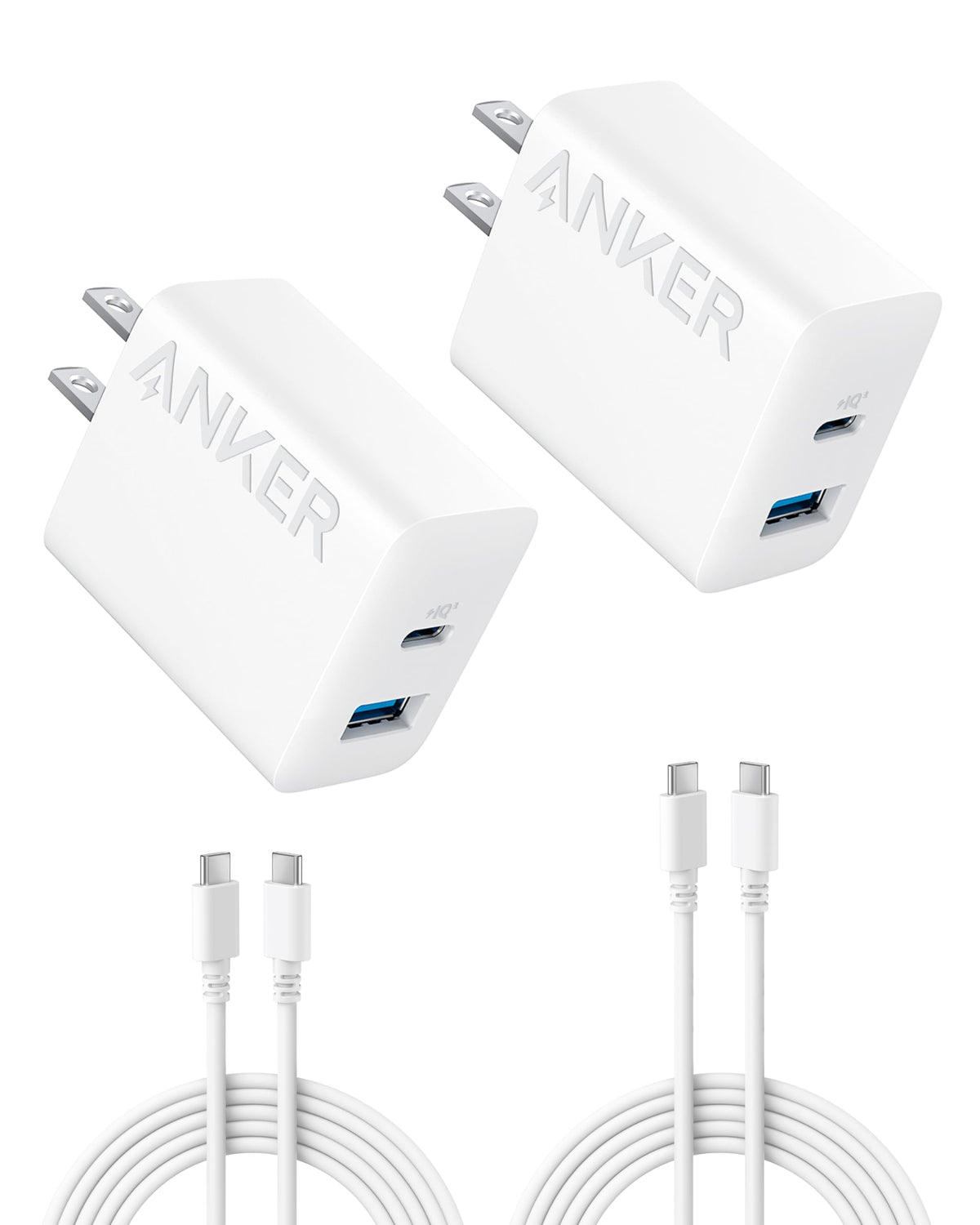 Anker Phone Charger, 20W USB C Charger Block, Type C Charger Fast Charging | For iPhone 17/17 Plus/17 Pro Max/16/16 Plus/16 Pro Max/15 Pro Max/iPad Pro and More (2-Pack with 2 Cables, White)