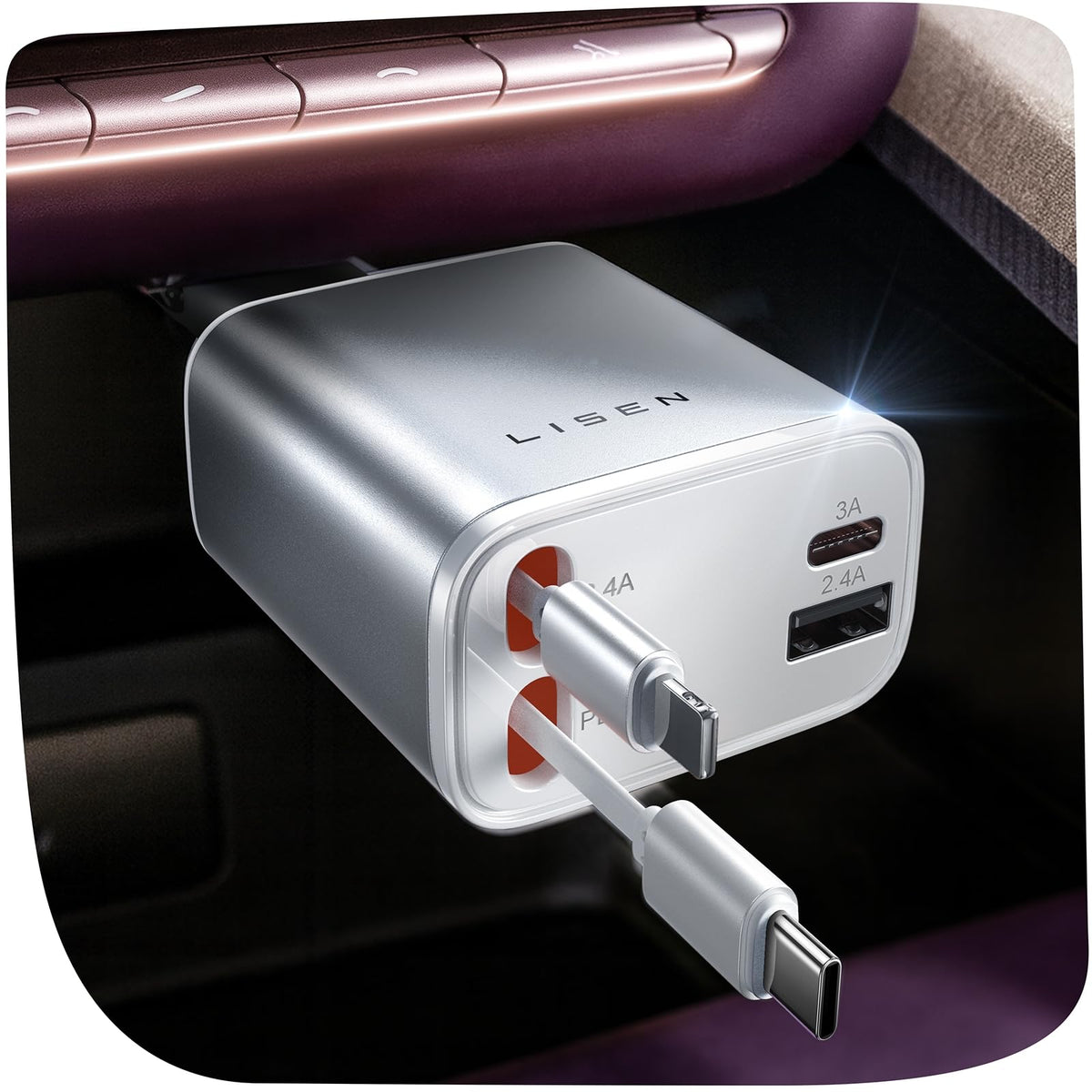 LISEN Retractable Car Charger, 84W Car Charger USB C Fast Charge, 4 in 1 | Cigarette Lighter Adapter, Car Accessories, Birthday Gifts for Men Women Dad Mom Husband, for iPhone 17 16 15 14 13 12 X