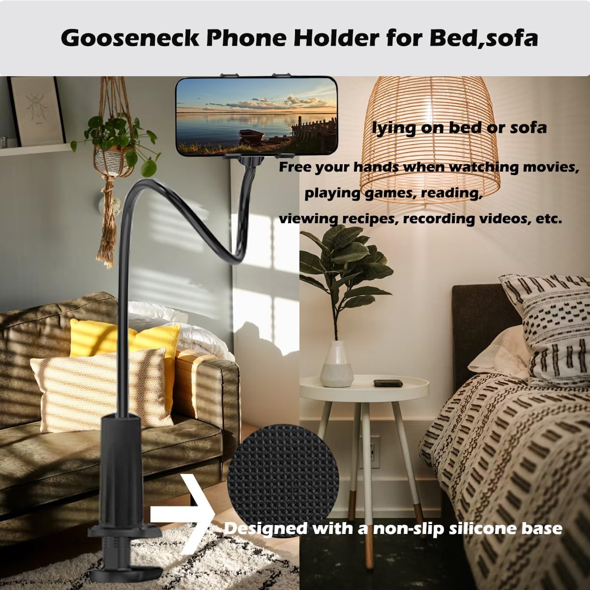 Selfdee Phone Holder for Bed, Gooseneck Clip Adjustable Phone Stand - Universal 360 Flexible Mount for Bedside headboard Lazy Long Arm Clamp Bracket (Style 1)