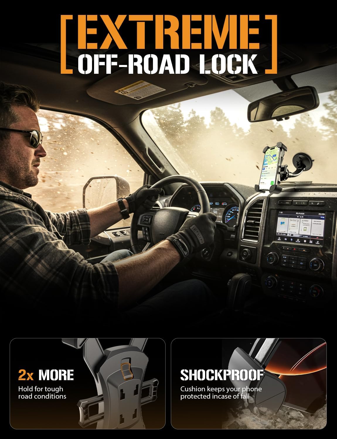 Mammoth Truck Car Phone Holder Mount Vibration Absorbing Holder | 360° rotating phone holder for car with extra-large suction cup, expandable claw grip, and one-hand quick release