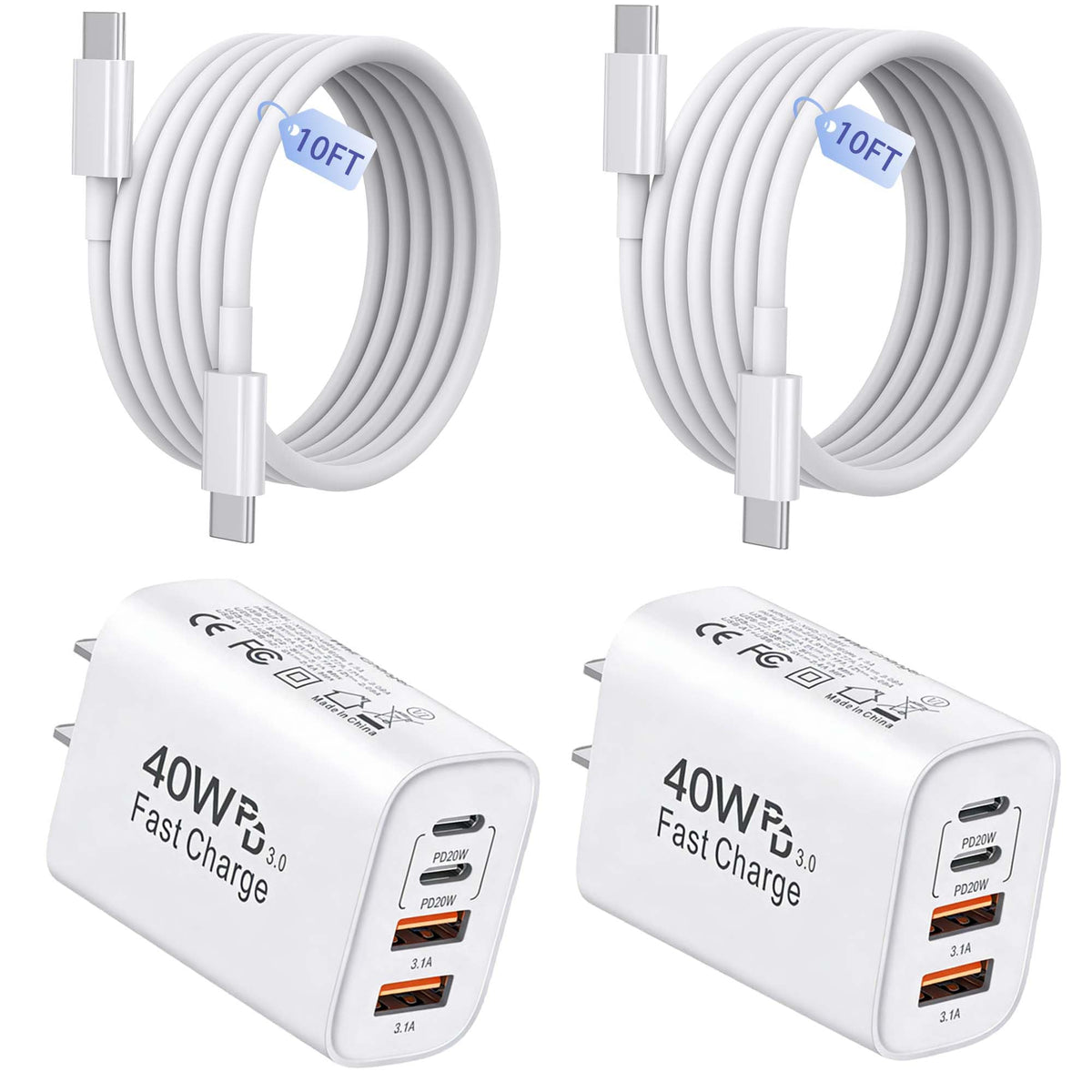 60W USB C Charger,2Pack 10FT iPhone 17 Pro Max Charger Fast Charging,4Port USB-A USBC Charger Block with 10ft USB C Cable Cord for Apple iPhone 17 Pro Max/17 Air/16 Pro Max/15 Plus/16/iPad,AirPods