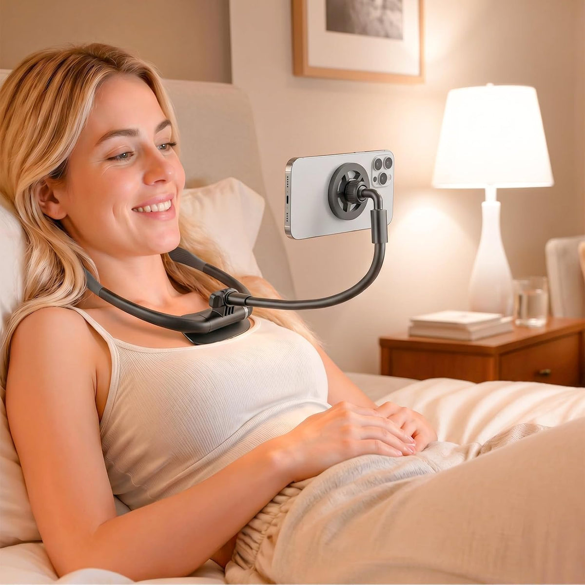 Magnetic Neck Phone Holder for Reading in Bed, One-Hand Operation Comfortable Lazy Cell Phone Mount for iPhone, Around Neck for Video Recording Watch Movies