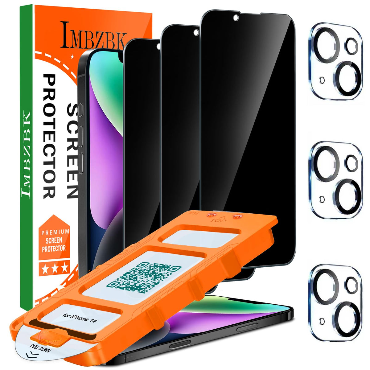 IMBZBK 3 Pack Privacy Screen Protector for iPhone 13, Tempered Glass | 9H+ Hardness, Military Grade Shatterproof, Case Friendly, Bubble Free Auto-Dust Removal, with 3 Camera Lens Protectors