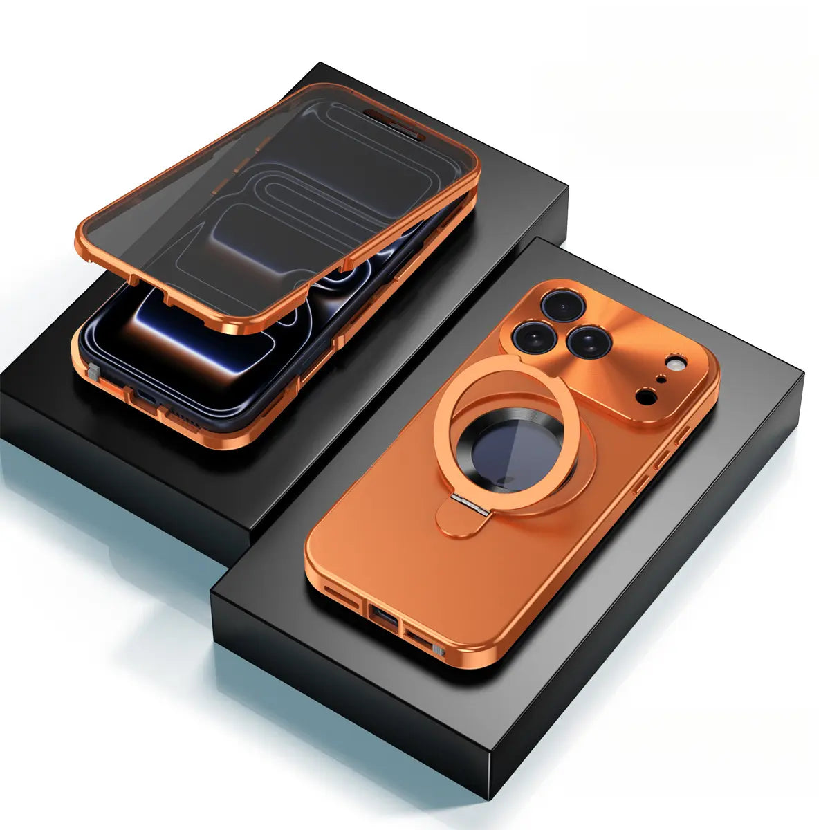 Tempered Glass Magnetic Metal Frame Case with Screen Protector for iPhone 17 Pro Max - Full Cover, Shockproof, Anti-Peep, Integrated Kickstand, Magnetic Mount Compatible, Wireless Charging Supported, Nordic Style Foldable Handheld Support, Wireless Charge