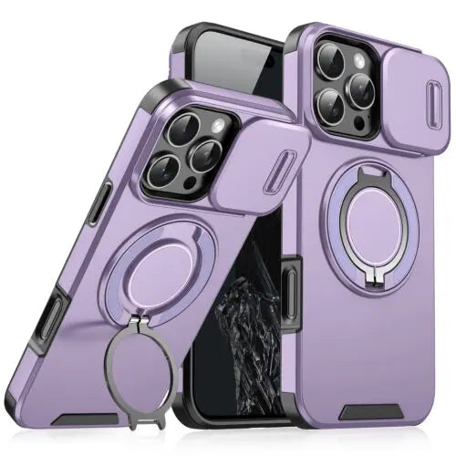Case with Slide Camera Cover for iPhone 17 Air 17 Pro Max 16 15 14 13 12 Pro Max, Rotated Ring Kickstand Military Grade Shockproof Protective Cover Rugged Heavy Duty for Men Women