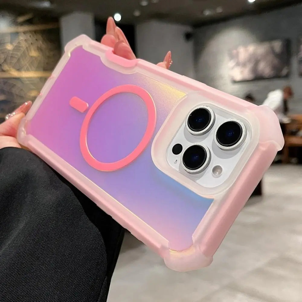Luxury For Magsafe Laser Dazzling Armor Phone Case For iPhone 17 16 15 14 13 Pro Max Wireless Charging Dual Layer Protection Cover Smartphone Cellphone