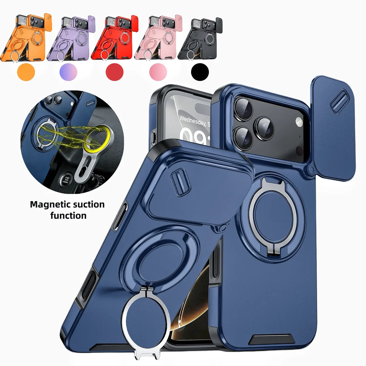 Magnetic Phone Case, Military-Grade Protective Cover with Sliding Camera Lens Protector, Compatible with iPhone 17/16/15/14/13/12Pro Max, 360° Rotatable Stand, PC+TPU Material