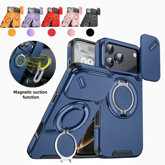 Magnetic Phone Case, Military-Grade Protective Cover with Sliding Camera Lens Protector, Compatible with iPhone 17/16/15/14/13/12Pro Max, 360° Rotatable Stand, PC+TPU Material