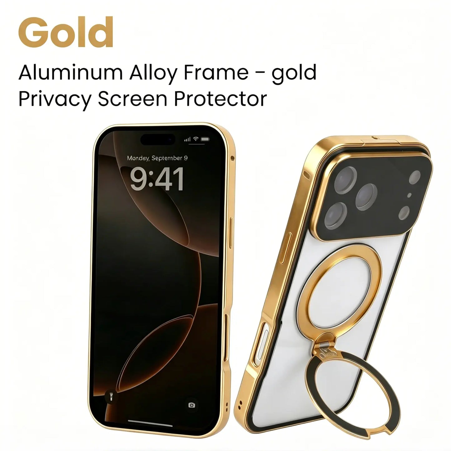 6-in-1 Tempered Privacy Screen Protector Aluminum Frame Casing for iPhone 15/16/17 Pro Max, Full Body Shockproof Protection Phone Accessories, Adjustable 360° Rotatable Kickstand, MagSafe Compatible, Wireless Charging, Ideal for Office, Travel