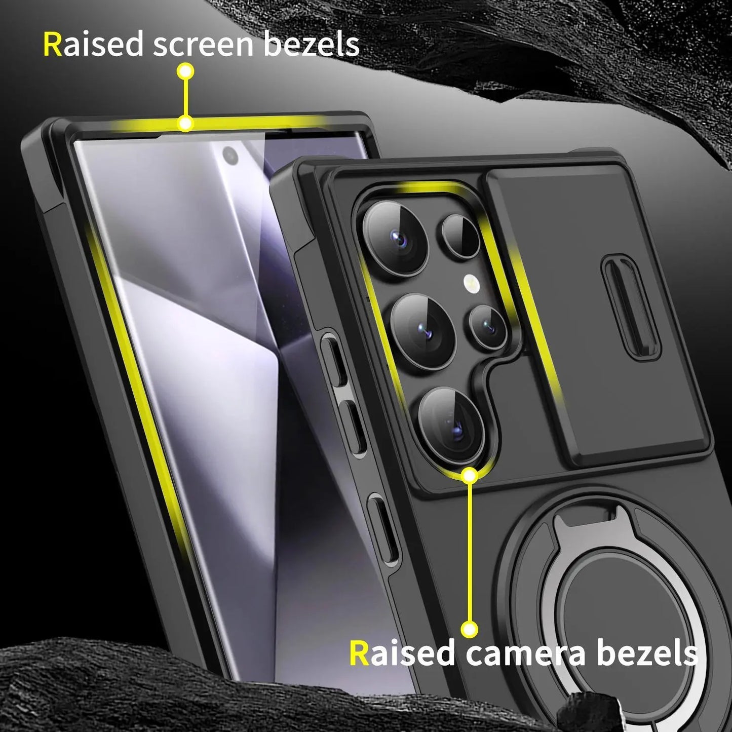 Samsung Galaxy S25/S24/S23/S22/S21 Ultra/Plus Magnetic Case with Sliding Camera Cover, 360° Rotating Ring Stand Holder, Shockproof Protective Phone Cover, Drop Resistant