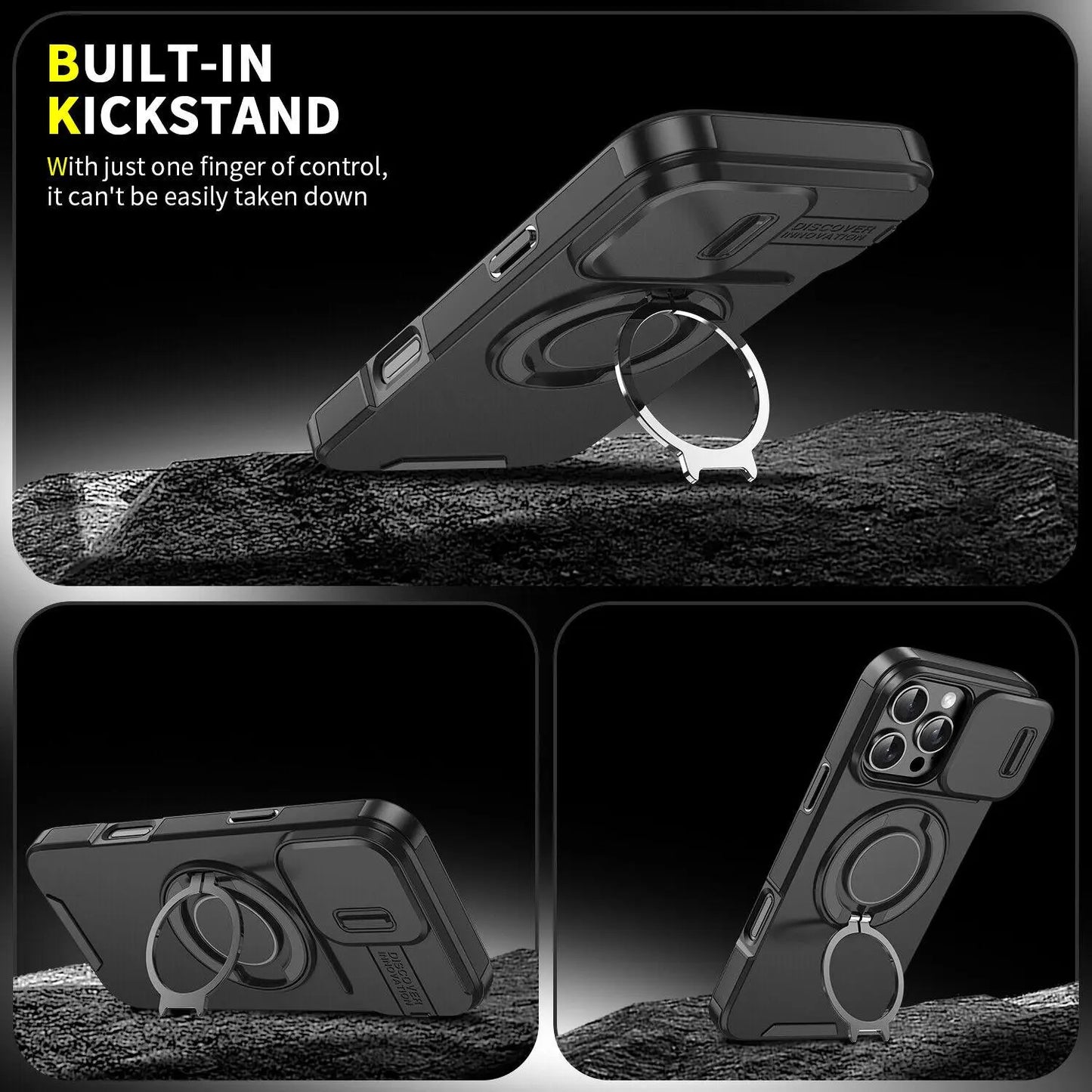 Case with Slide Camera Cover for iPhone 17 Air 17 Pro Max 16 15 14 13 12 Pro Max, Rotated Ring Kickstand Military Grade Shockproof Protective Cover Rugged Heavy Duty for Men Women