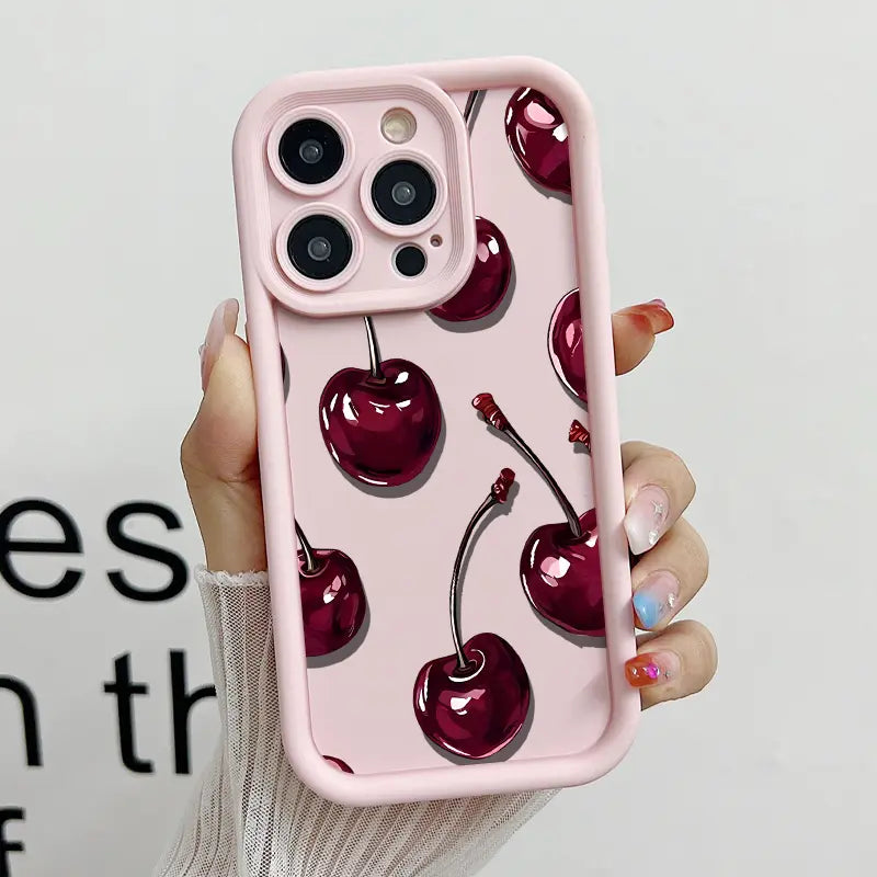 Sexy Wine Cherry Pattern Phone Case , Soft Silicone Tpu Protection and Shockproof For iPhone 17 16 15 Pro Max 14 16Pro 13 12 11 X Plus Air Mini 17E Girl