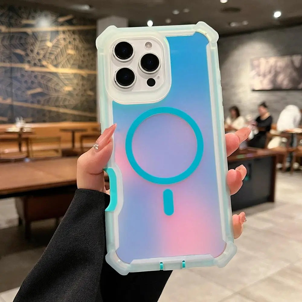 Luxury For Magsafe Laser Dazzling Armor Phone Case For iPhone 17 16 15 14 13 Pro Max Wireless Charging Dual Layer Protection Cover Smartphone Cellphone