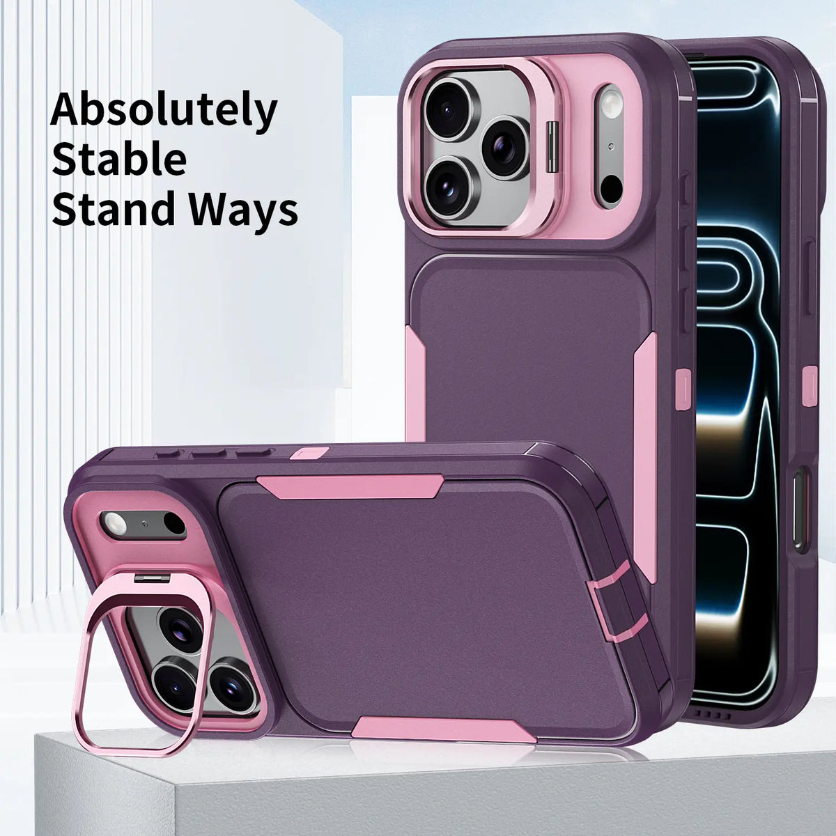Heavy Duty Shockproof Case for iPhone 17/15/14/13/12 Pro Max with Camera Kickstand, Military Grade Drop Protection, Rugged Full Body Protective Cover