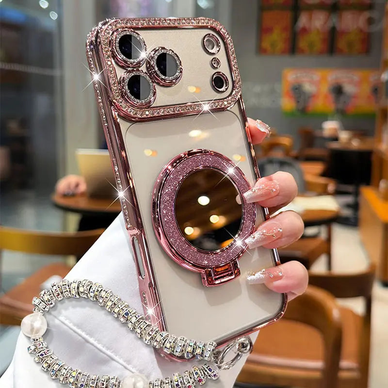 Women's Phone Case with Mirror & Stand for iPhone 12/13/14/15/16/17 Pro Max,17Air,14/15/16 Plus. Features a shiny frame, high-definition transparent material, and full-body drop-resistant design.