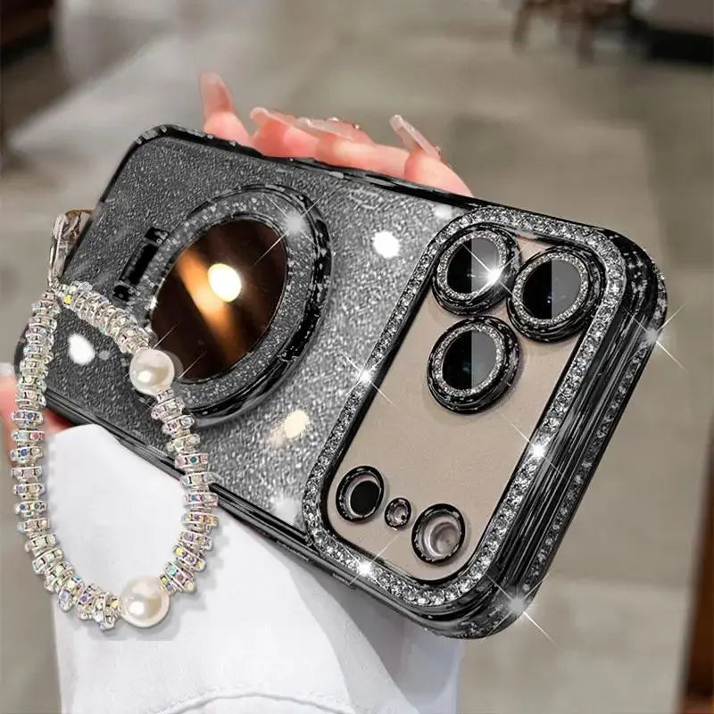 Women's Phone Case with Mirror & Stand for iPhone 12/13/14/15/16/17 Pro Max,17Air,14/15/16 Plus. Features a shiny frame and full-body drop-resistant design.