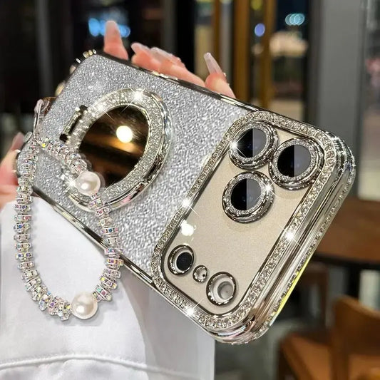 Women's Phone Case with Mirror & Stand for iPhone 12/13/14/15/16/17 Pro Max,17Air,14/15/16 Plus. Features a shiny frame and full-body drop-resistant design.