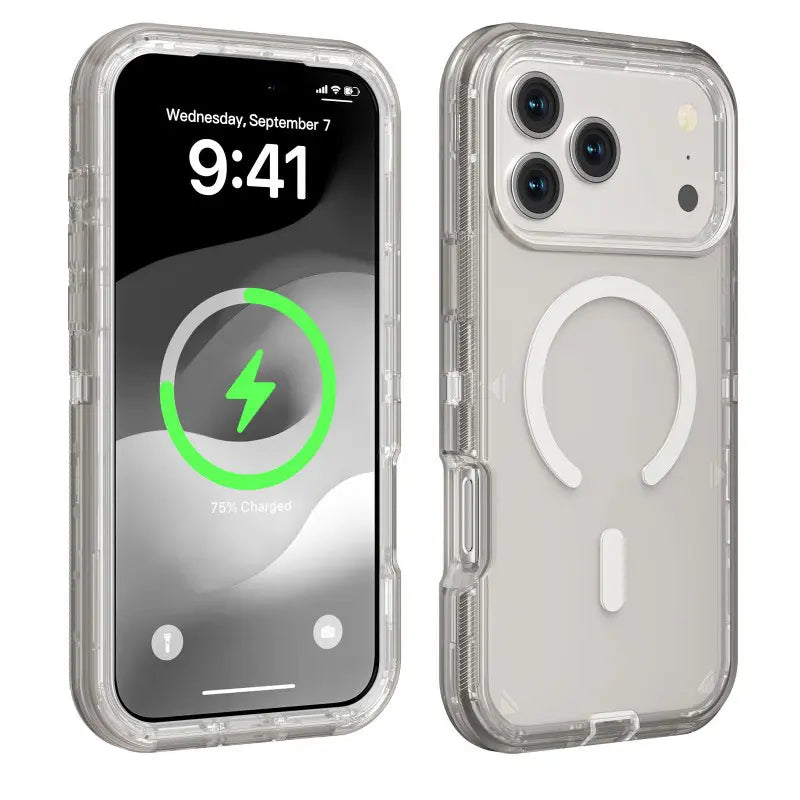 Magnetic 3-in-1 shockproof case for iPhone 17 Pro Max / 16 / 15 / 14 / 13 / 12 Pro. Clear solid color protective cover. Full protection. Anti-drop. Simple style hn0531-2