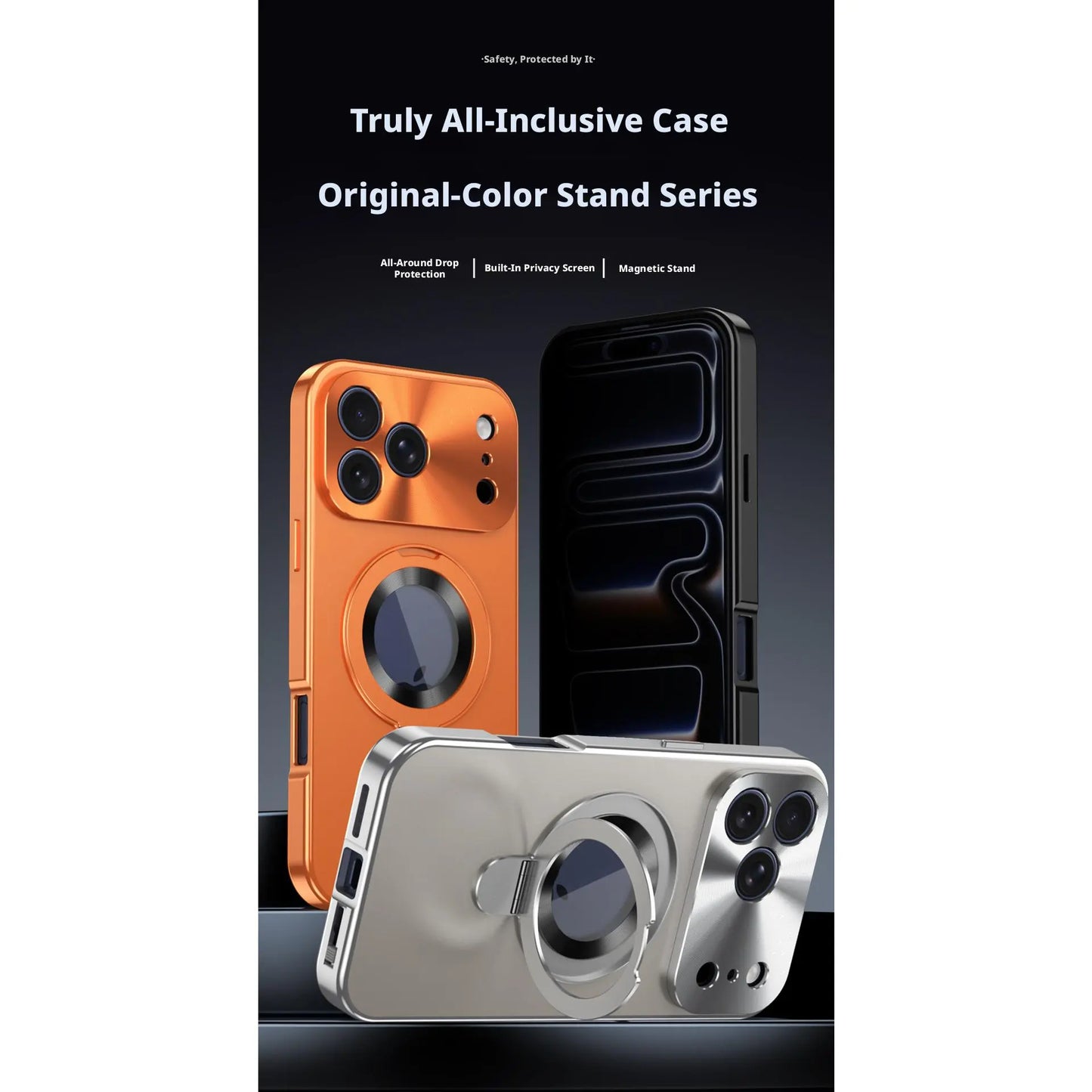 Tempered Glass Magnetic Metal Frame Case with Screen Protector for iPhone 17 Pro Max - Full Cover, Shockproof, Anti-Peep, Integrated Kickstand, Magnetic Mount Compatible, Wireless Charging Supported, Nordic Style Foldable Handheld Support, Wireless Charge