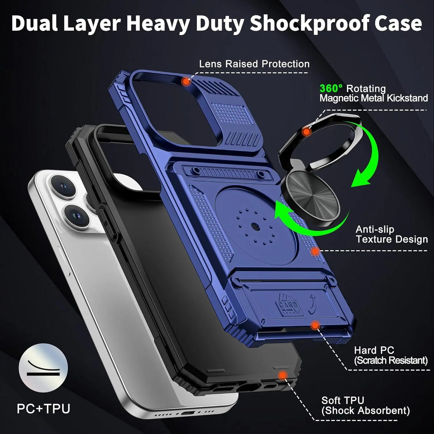 Phone Cases for iPhone 17 Pro Max 16 16E15 14 13 12 11 Pro Max Plus Wallet Case with Card Holder [Store 2 Cards] + 360° Magnetic Rotatable Ring Stand Kickstand Heavy Duty Protective Wallet Phone Case for iPhone 17 Pro for Women Men