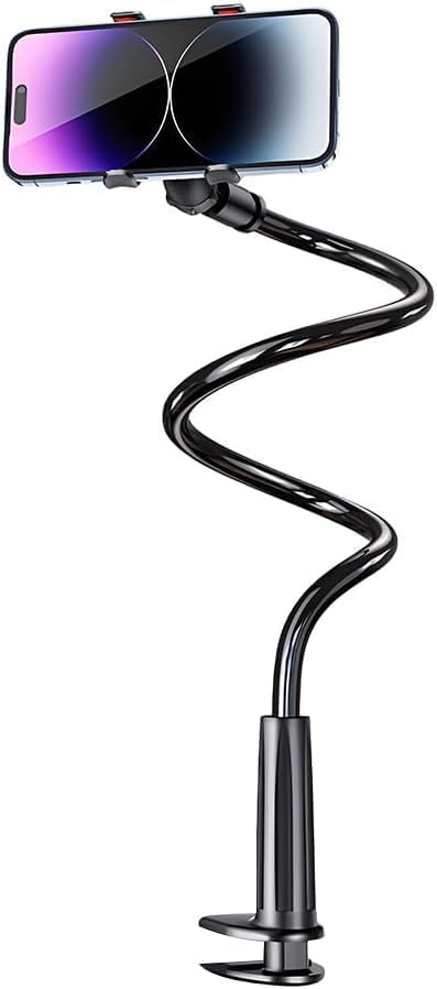 1-Pack Gooseneck Phone Holder,360° Rotation,Flexible Long Arm,Clip-On,Black | Universal Cellphone Stand with Sturdy Clip Base, Adjustable Arm for Bed & Desk Use, Compatible with All Smartphones,Tablets