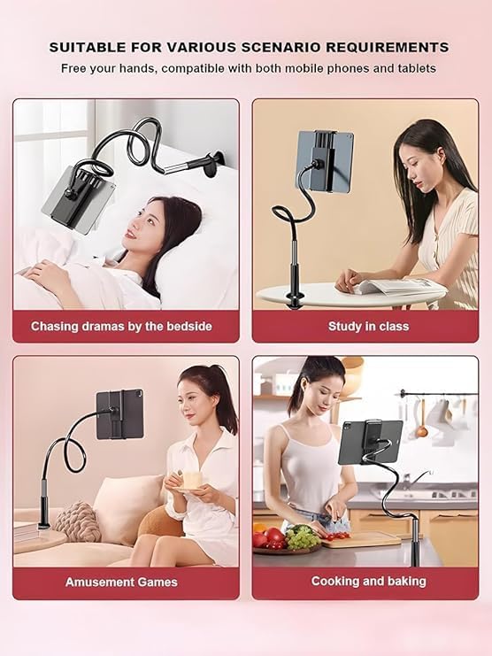 1-Pack Gooseneck Phone Holder,360° Rotation,Flexible Long Arm,Clip-On,Black | Universal Cellphone Stand with Sturdy Clip Base, Adjustable Arm for Bed & Desk Use, Compatible with All Smartphones,Tablets