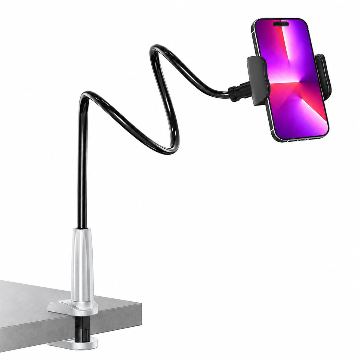 Gooseneck Phone Holder for Bed, Flexible Overhead Cell Phone Mount for Desk, Hands-Free Viewing Clamp Stand Compatible with iPhone 17 16 15 Pro Max and 3.5-7" Devices