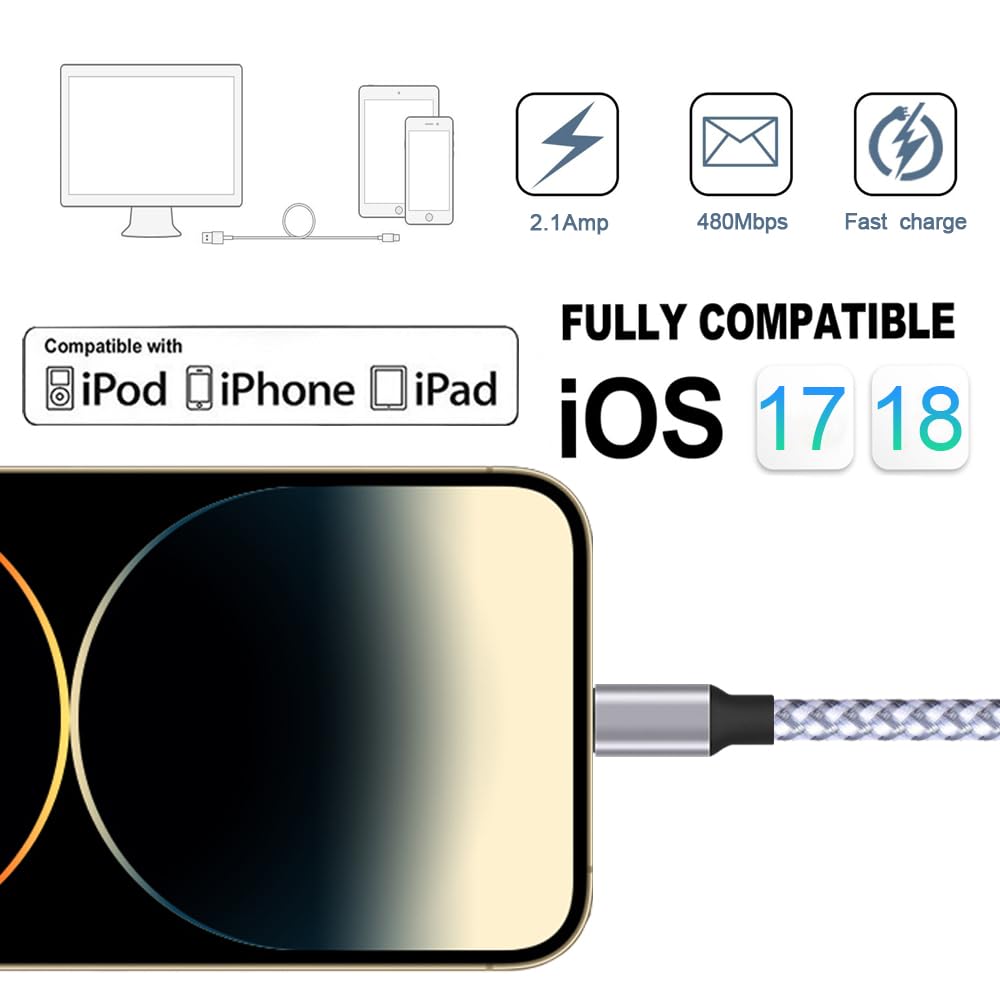 iPhone Charger, Lightning Cable 3PACK 6FT MFi Certified USB Charging Cord | Nylon Braided High Speed Transfer Cable Compatible with iPhone 14 Pro Max/13 Pro/12/11/XS MAX/XR/XS/X/8/iPad Pro Mini Air