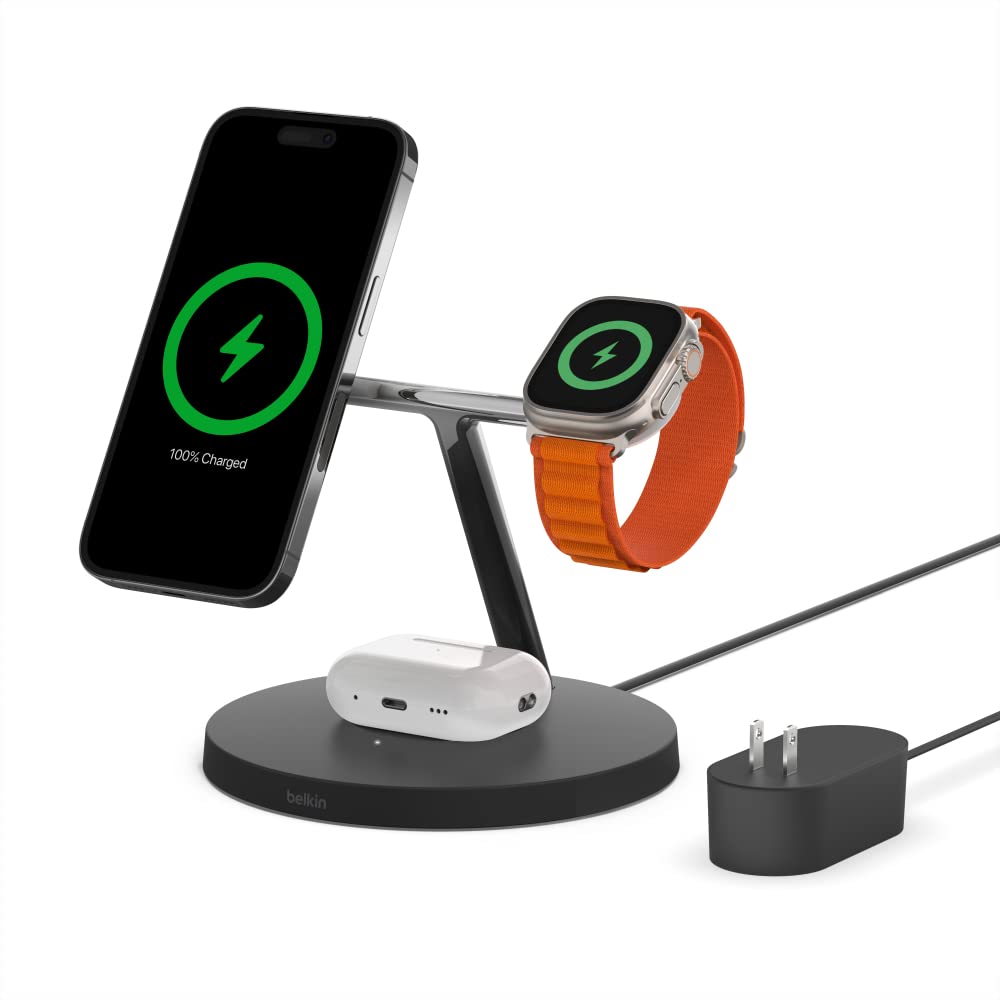 Belkin Qi2 15W Wireless Charging Station, 3 in 1 iPhone Charger | Fast Charging, MagSafe Compatible, iPhone 17/16/15, Apple Watch, AirPods, Travel Charger, Magnetic