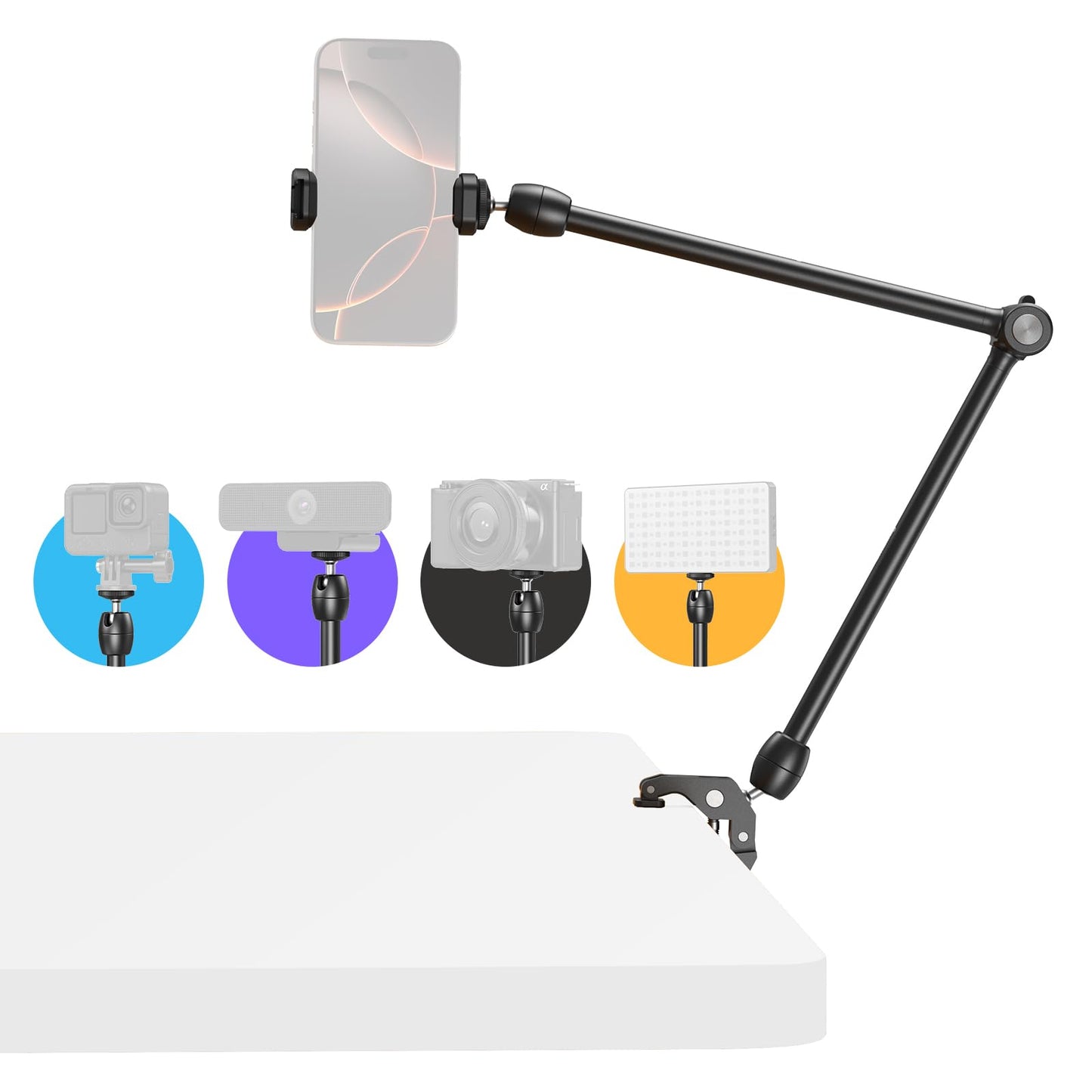 SMALLRIG 22" Magic Arm Clamp, Overhead Phone Mount Holder Stand, Flexible Desk Camera Mount, Articulating Friction Boom Arm, for POV Shot, Filming, Light, Webcam, Action Camera