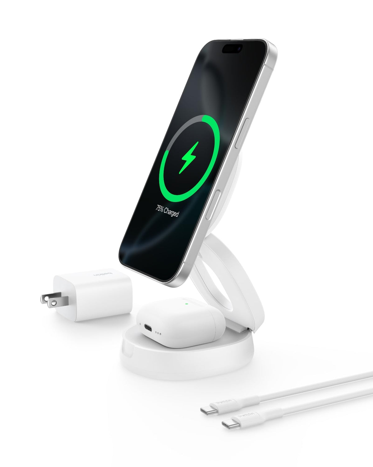 Belkin Qi2 15W Wireless Fast Charging Station, 3 in 1 iPhone Charger | Fast Charging, MagSafe Compatible, iPhone 17/16/15, Apple Watch, AirPods, Travel Charger, Magnetic