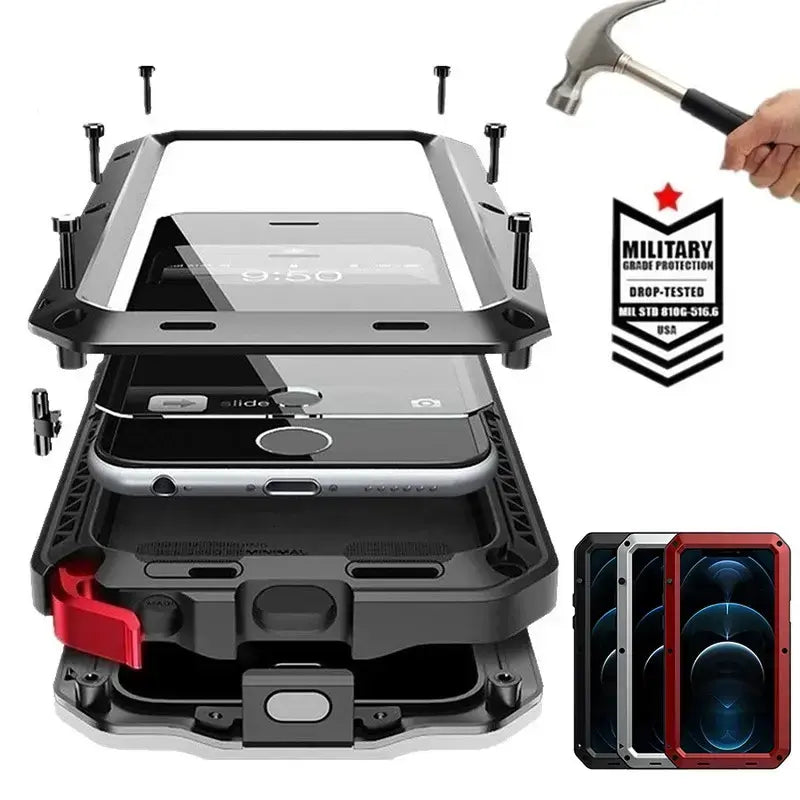 Military Grade Metal Case for iPhone 17 Air 16 15 14 Pro Max - IP54 Waterproof Heavy Duty Armor with Built-in Gorilla Glass Screen Protector, Full Body Shockproof Rugged Cover