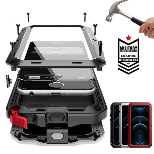 Military Grade Metal Case for iPhone 17 Air 16 15 14 Pro Max - IP54 Waterproof Heavy Duty Armor with Built-in Gorilla Glass Screen Protector, Full Body Shockproof Rugged Cover