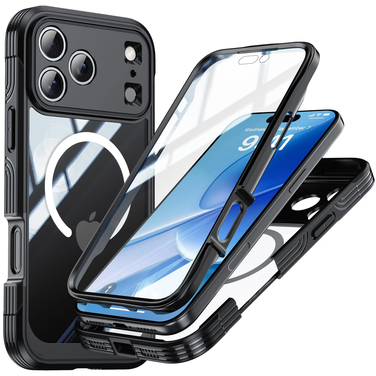 StarTU 360° Full Body Rugged Clear Case for iPhone 17 Pro Max / 16 / 15 – MagSafe Compatible Military Shockproof Cover, Built-in Screen Protector & Camera Lens Protection, Transparent TPU Bumper Case