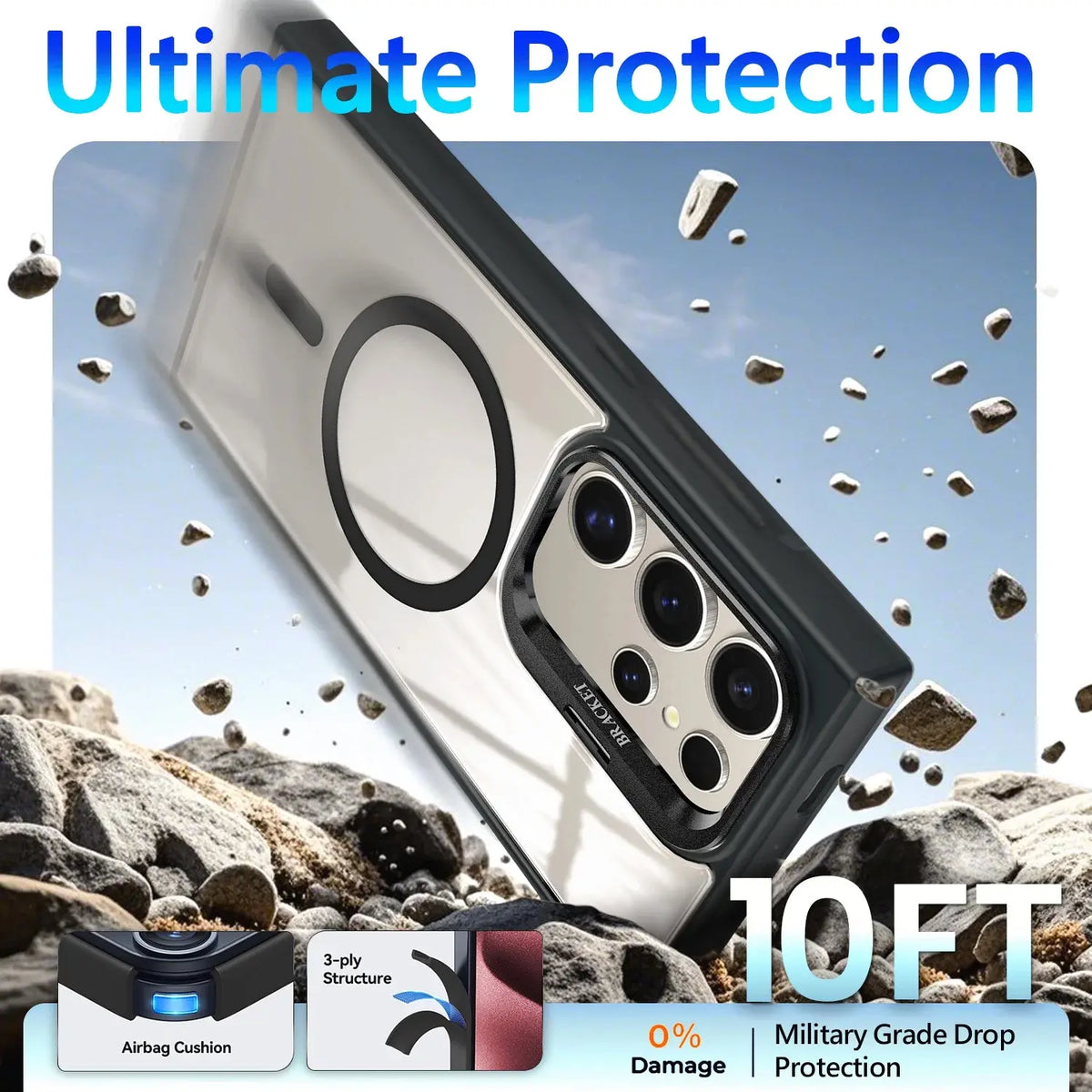 For Samsung Galaxy S26 S25 S24 S23 Plus Ultra Shockproof Camera Ring Stand Heavy Duty Clear Case Compatible With MagSafe Cover + Camera Lens Protector