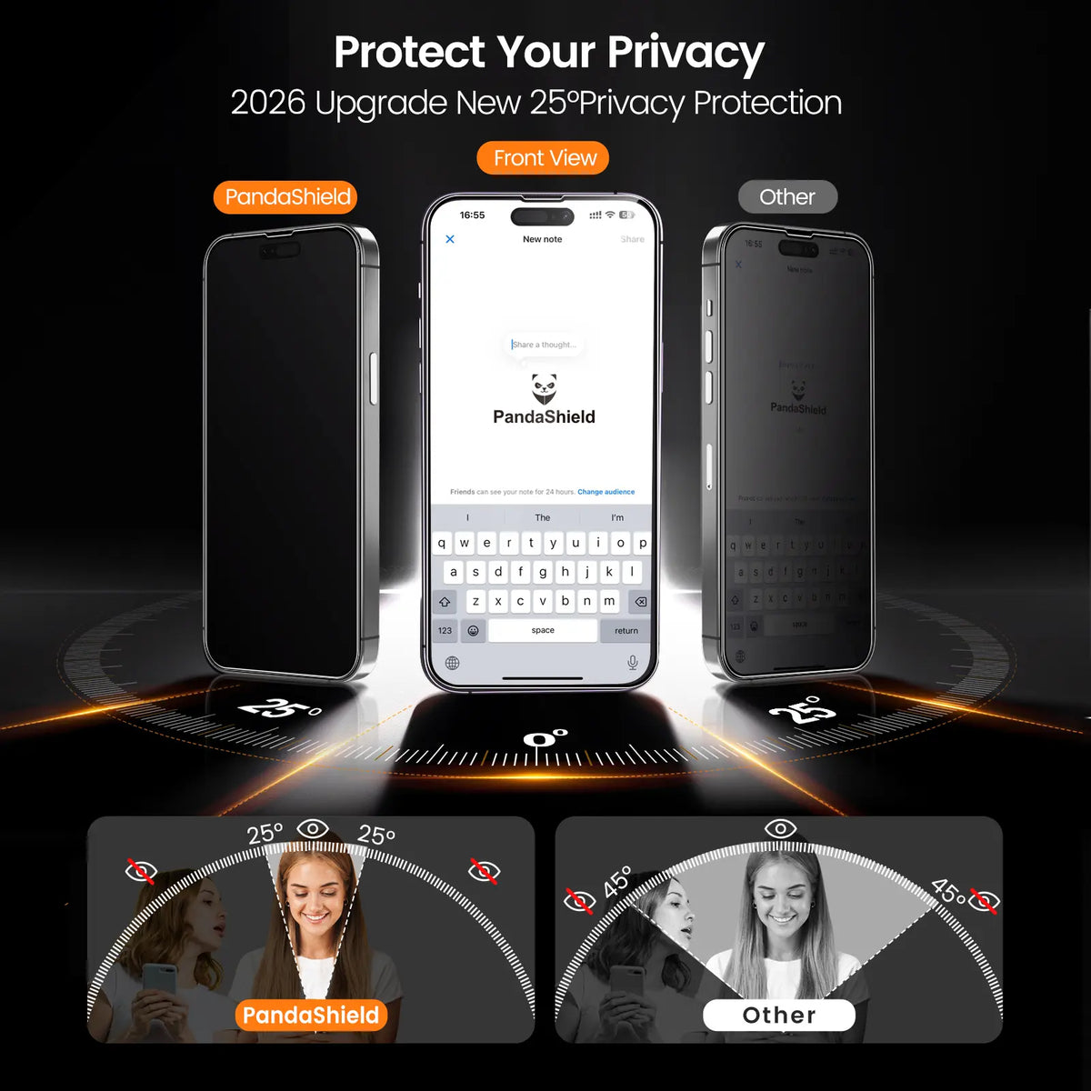 [2-PCS] PandaShield HD/Privacy Screen Protector for iPhone 13,14,15,16,17,18 plus pro max – Anti-Spy, Easy Install bo, 9H Hardness, Full Coverage