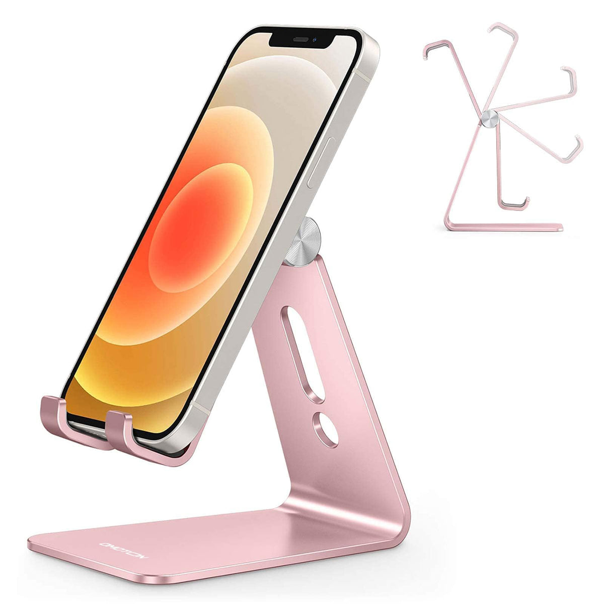OMOTON C2 Adjustable Aluminum Cell Phone Stand with Charging Cutout, Silver | Sturdy 3mm Base with Non-Slip Silicone Pads, Multi-Angle, Works with 19mm Thick Cases Smartphones, Desktop Recording Facetime