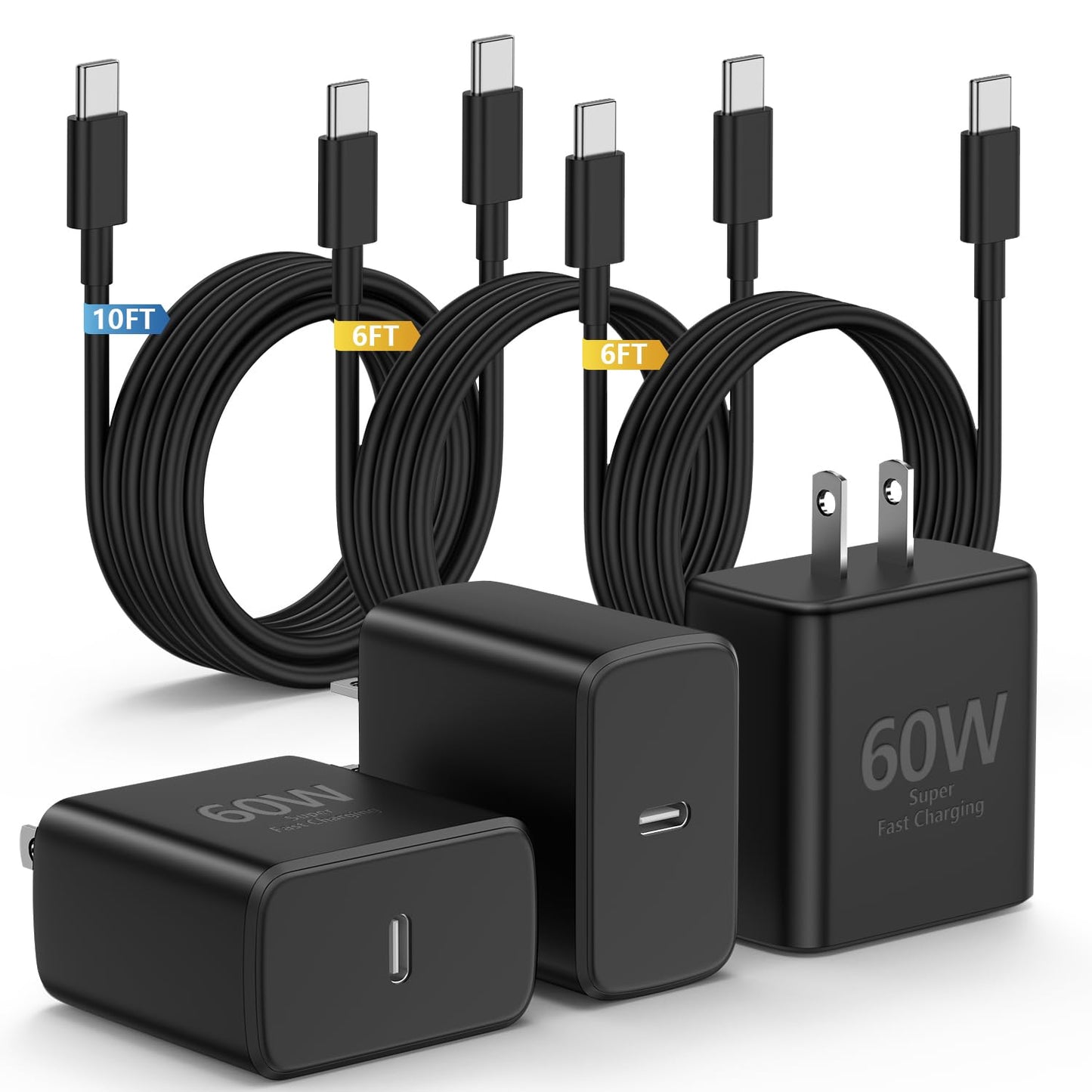 Type C Charger Fast Charging,4Pack 25W Super USB C Fast Charger Block | with 6ft+10ft USB-C Cables ×2 for Samsung Galaxy S26 S25 S24 S23 S22 S21 Plus/Ultra, for iPhone 17 16 15,Android Phones,Black