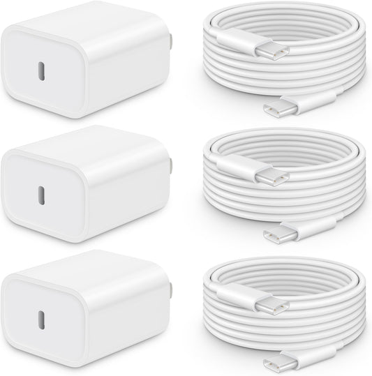 20W Fast Charger for iPhone 17/16/15 with 6FT Cable [3-Pack] | USB-C Wall Charger & C-to-C Cable, Compatible with iPhone 17/16/15 Series, USB-C iPad Pro/Air/Mini & More