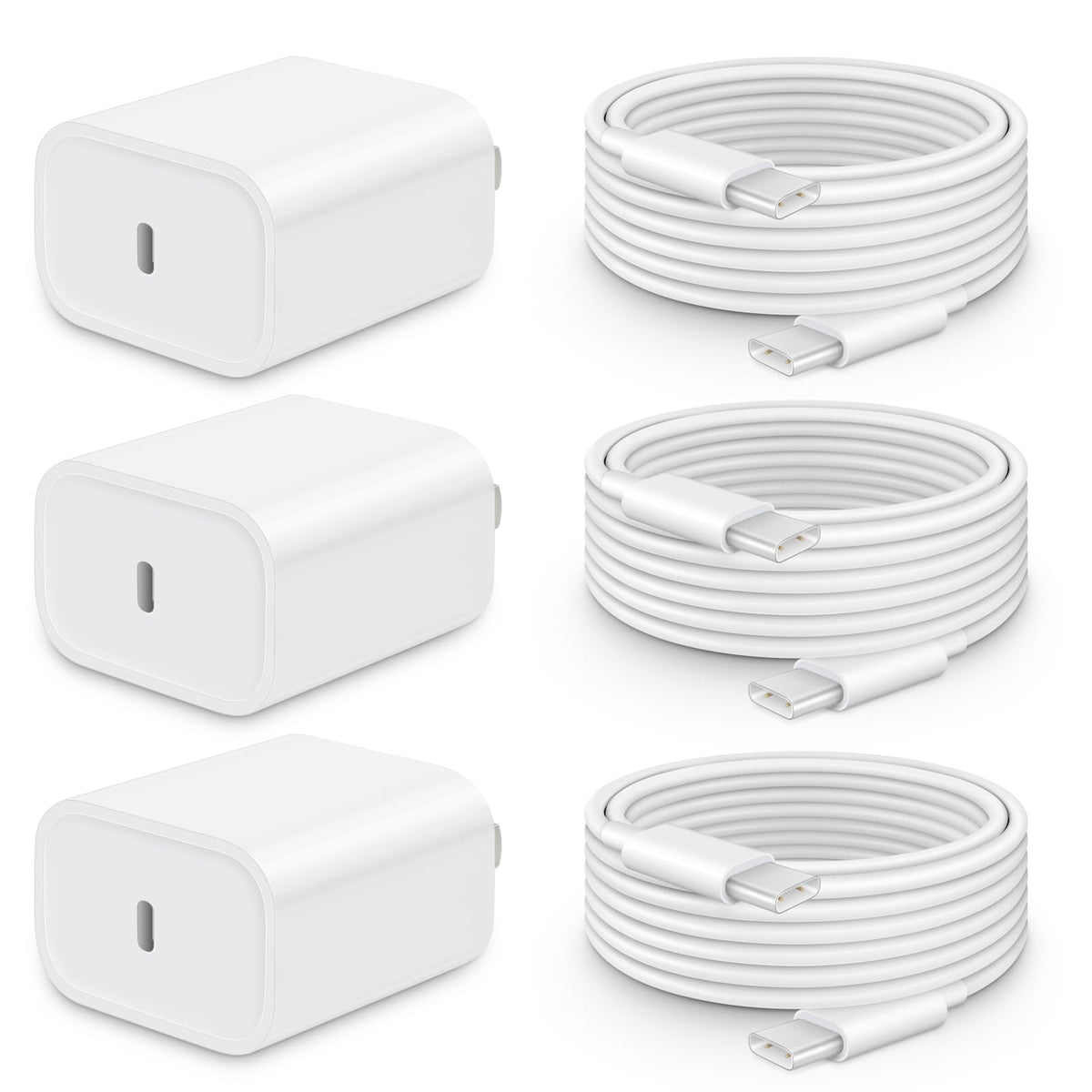 20W Fast Charger for iPhone 17/16/15 with 6FT Cable [3-Pack] | USB-C Wall Charger & C-to-C Cable, Compatible with iPhone 17/16/15 Series, USB-C iPad Pro/Air/Mini & More