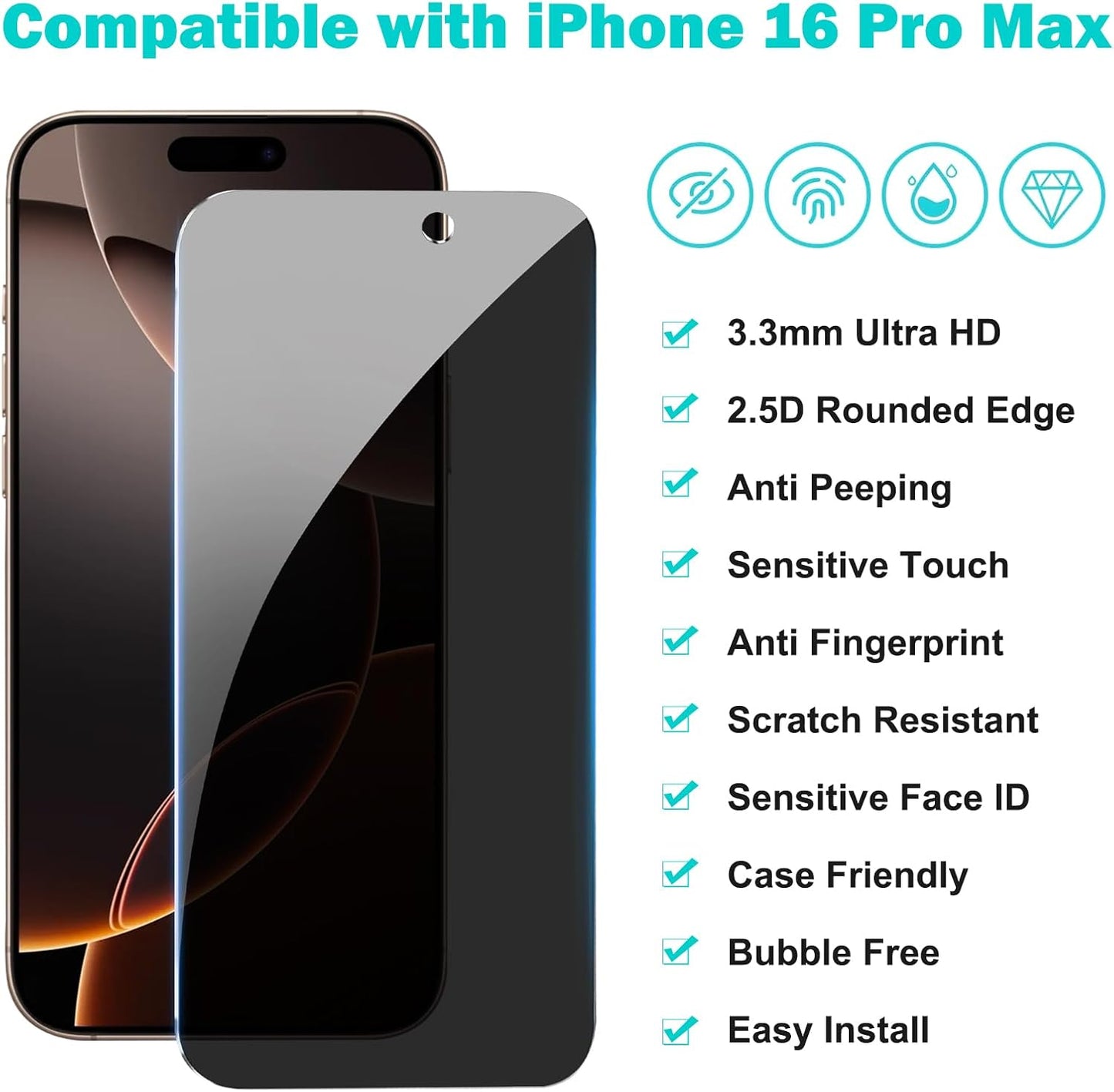 PEHAEL for iPhone 16 Pro Max Privacy Screen Protector+Camera Lens Protector | 3+3 Pack, Installation Frame, Cleaning kits, Anti-Spy Private, Anti-Scratch, 9H Tempered Glass, Case Friendly, [6.9 inch]