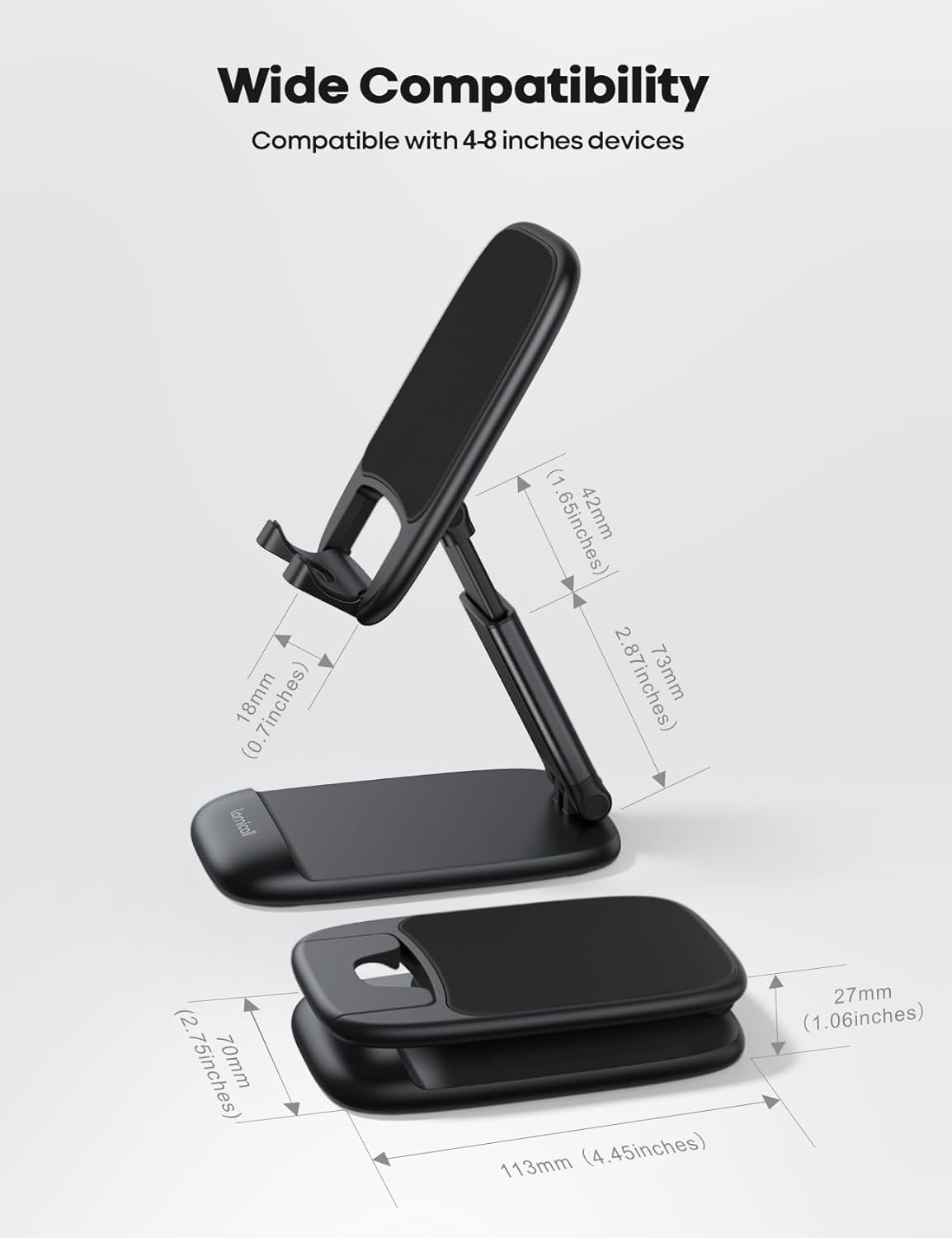 Lamicall Cell Phone Stand for Desk, Height Angle Adjustable Phone Holder | Foldable, Portable, for iPhone 17 16 15 14 13 12 11 Pro Max Plus Air Galaxy S25, Office Gift, Telephone Accessories, Black