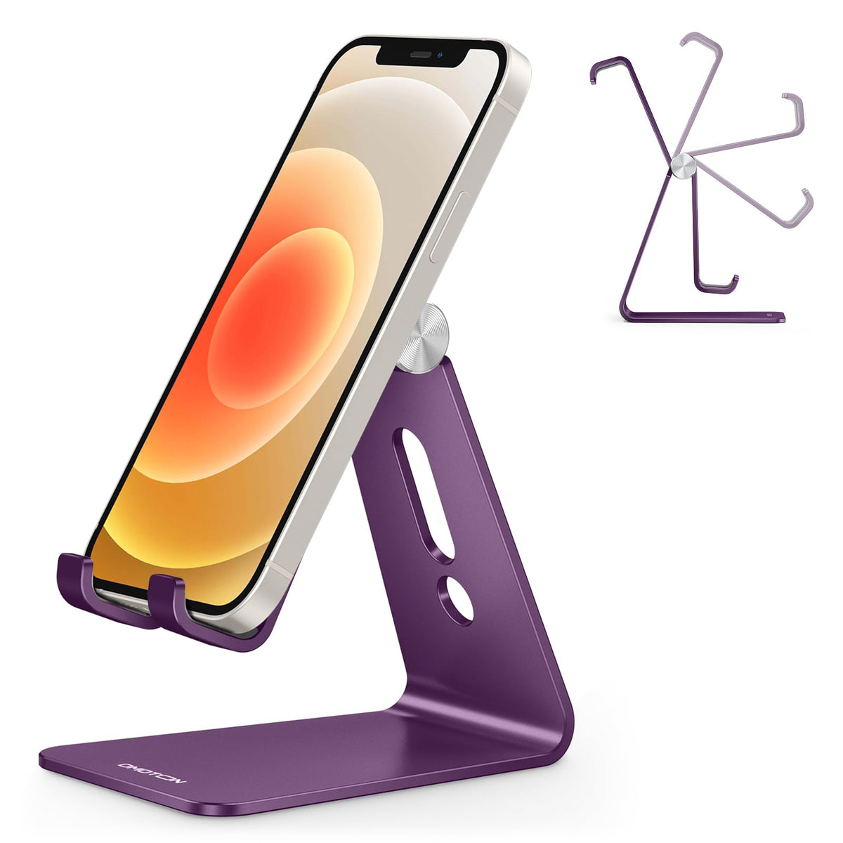 OMOTON C2 Adjustable Aluminum Cell Phone Stand with Charging Cutout, Silver | Sturdy 3mm Base with Non-Slip Silicone Pads, Multi-Angle, Works with 19mm Thick Cases Smartphones, Desktop Recording Facetime