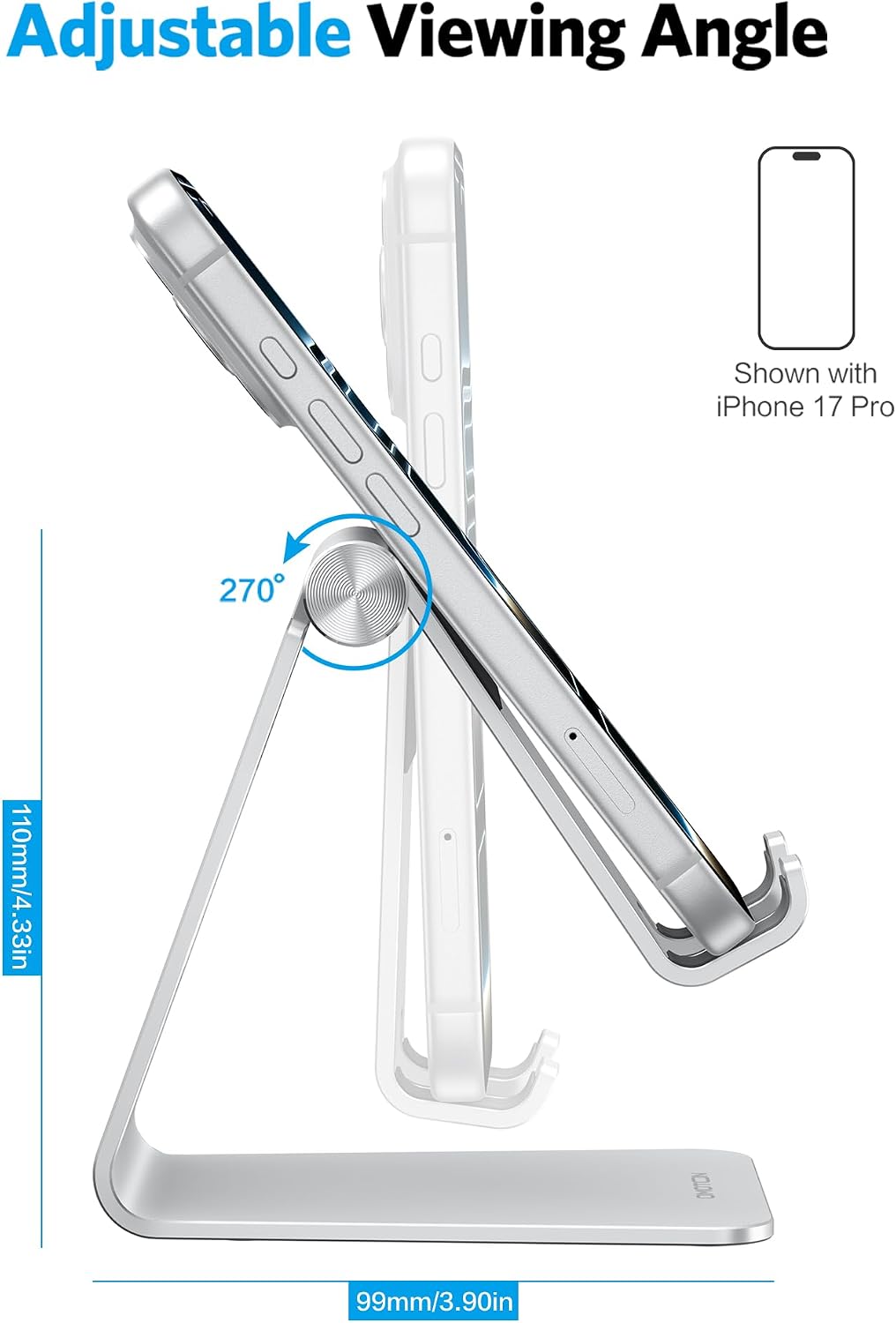 OMOTON C2 Adjustable Aluminum Cell Phone Stand with Charging Cutout, Silver | Sturdy 3mm Base with Non-Slip Silicone Pads, Multi-Angle, Works with 19mm Thick Cases Smartphones, Desktop Recording Facetime