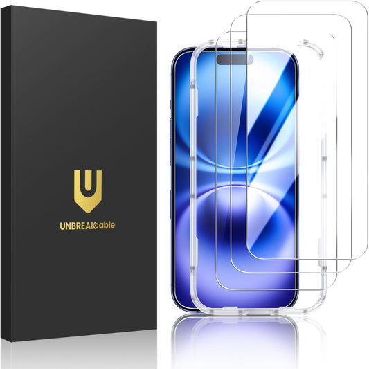 UNBREAKcable 3-Pack Screen Protector for iPhone 16 Tempered Glass | Shatterproof, Easy Install, 9H Hardness, 99.99% HD Clear, Bubble-Free, Anti-Fingerprint, Scratch Resistant, Case Friendly